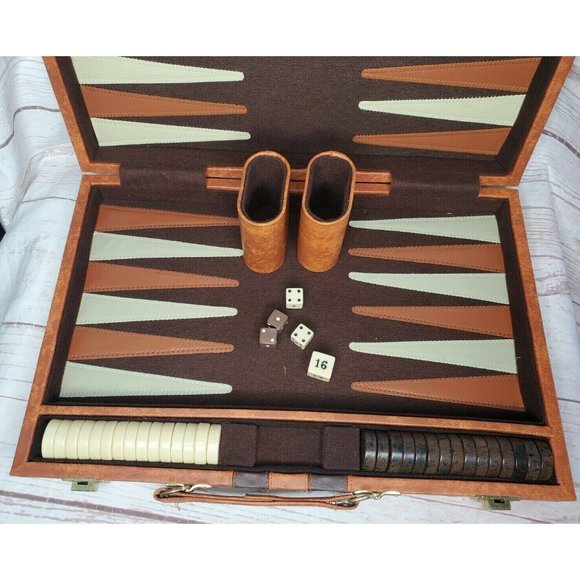 Vintage Tan Brown Stripe Backgammon Family Board Game With Booklet - Picture 8 of 12